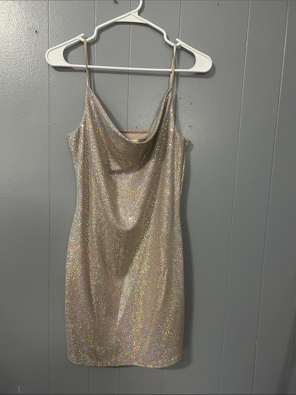 Shimmering Nude Sequin Cowl Slip Mini Dress